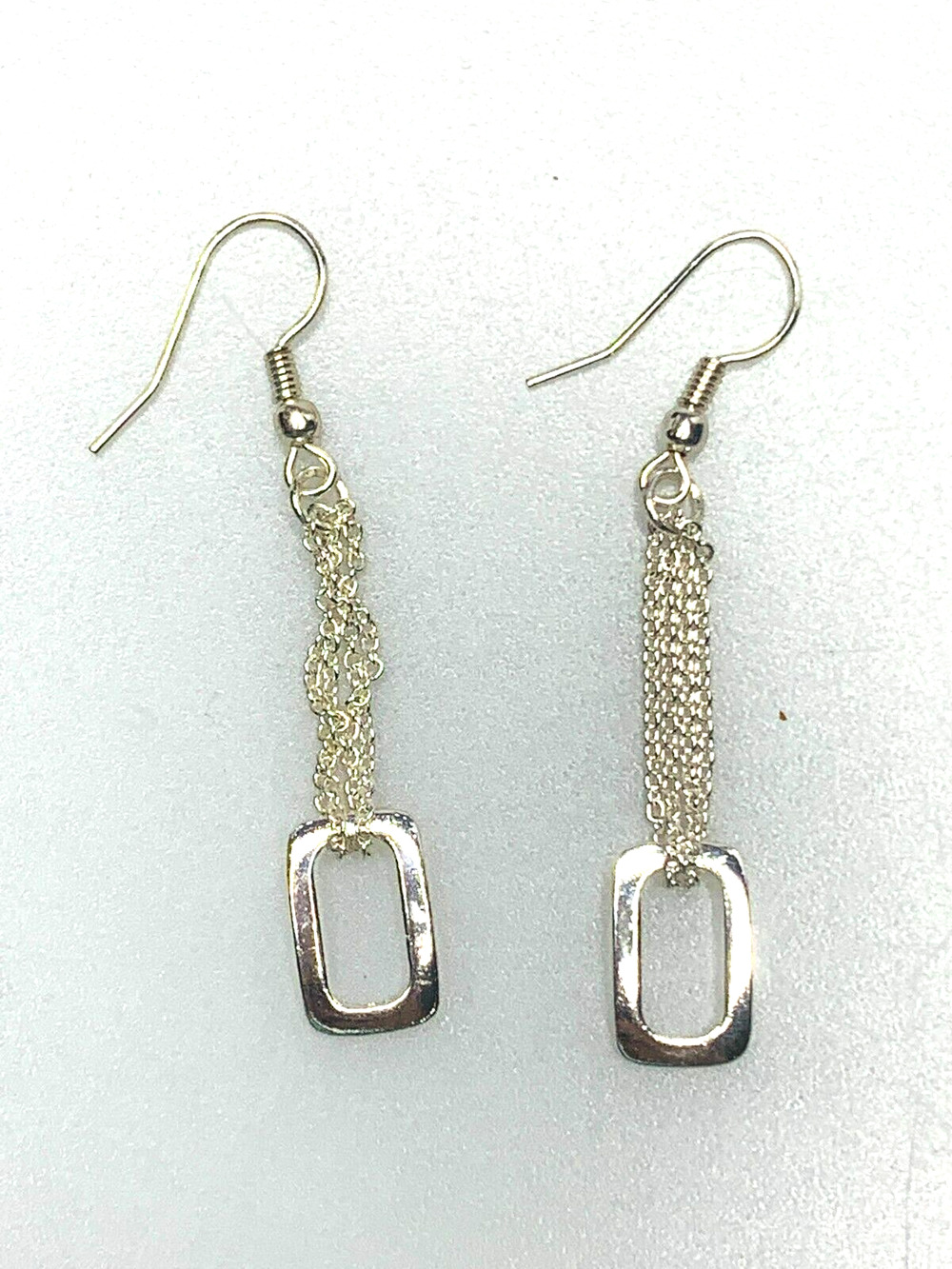 Silver Toned Hook Earrings with a Rectangle Charm Looped in Chains